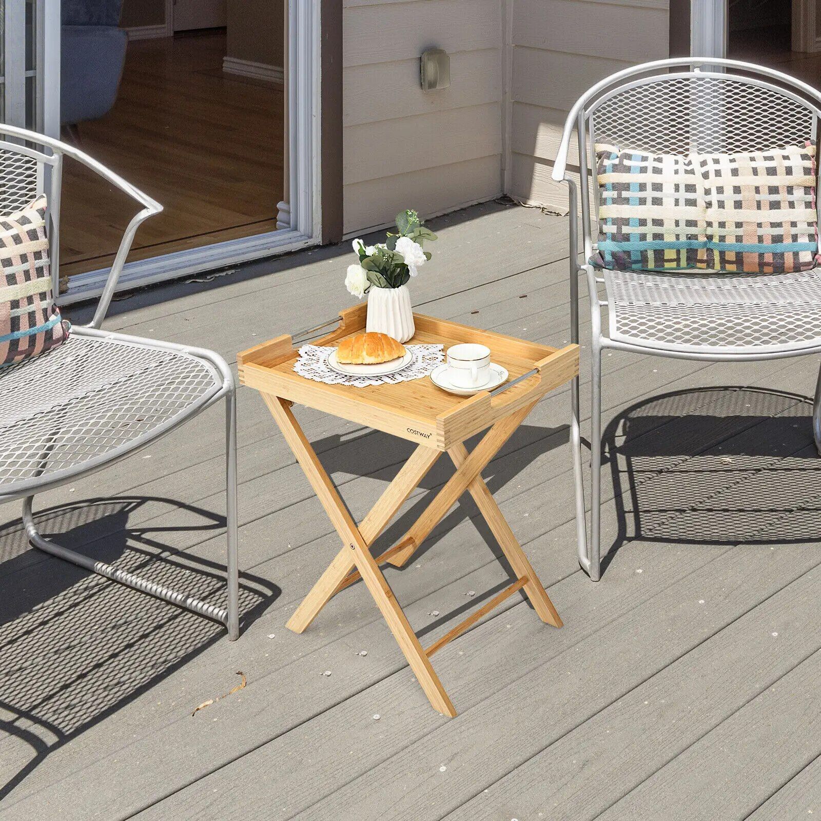 Portable Side Table with Detachable Bamboo Serving Tray