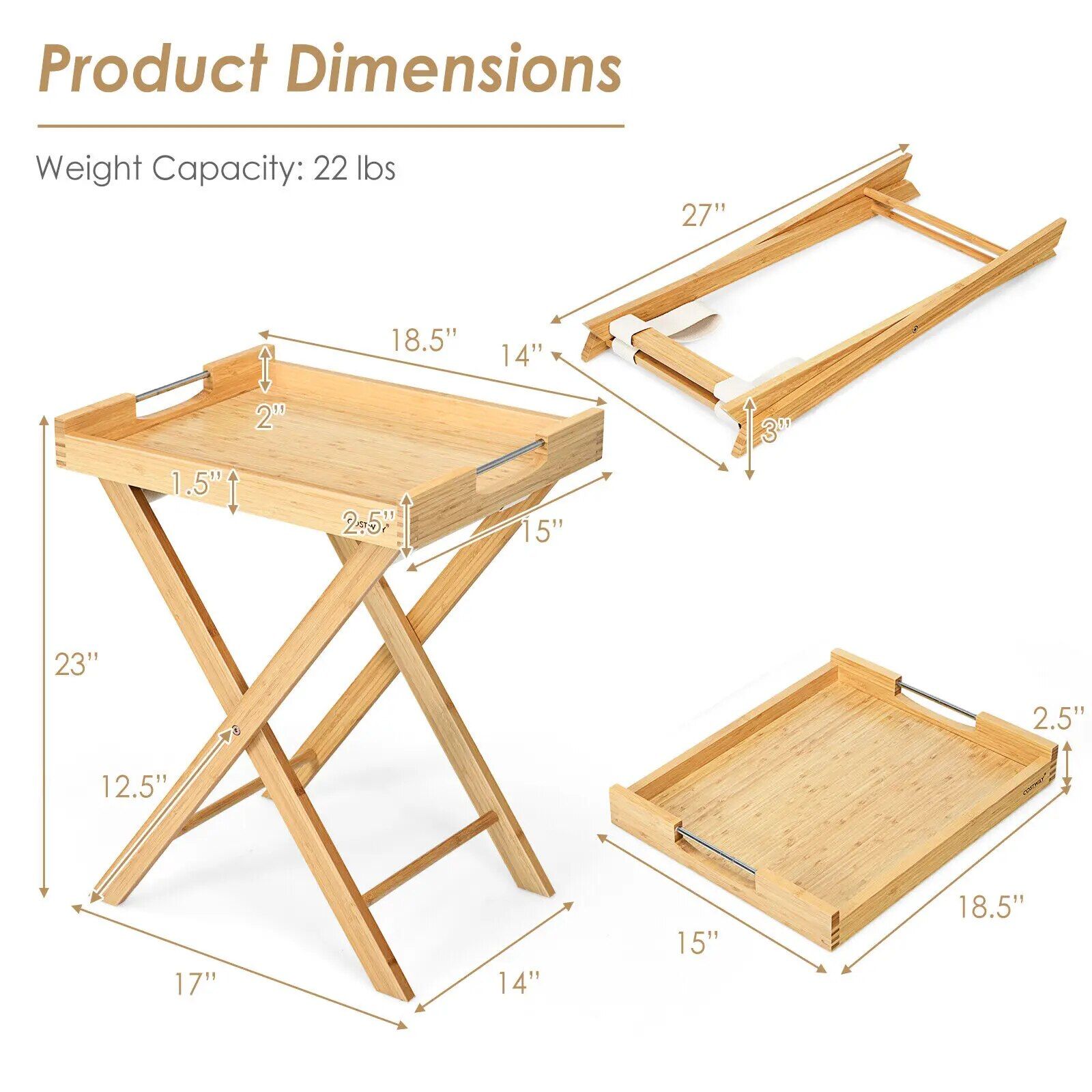 Folding Bamboo TV Tray Table with Detachable Serving Tray