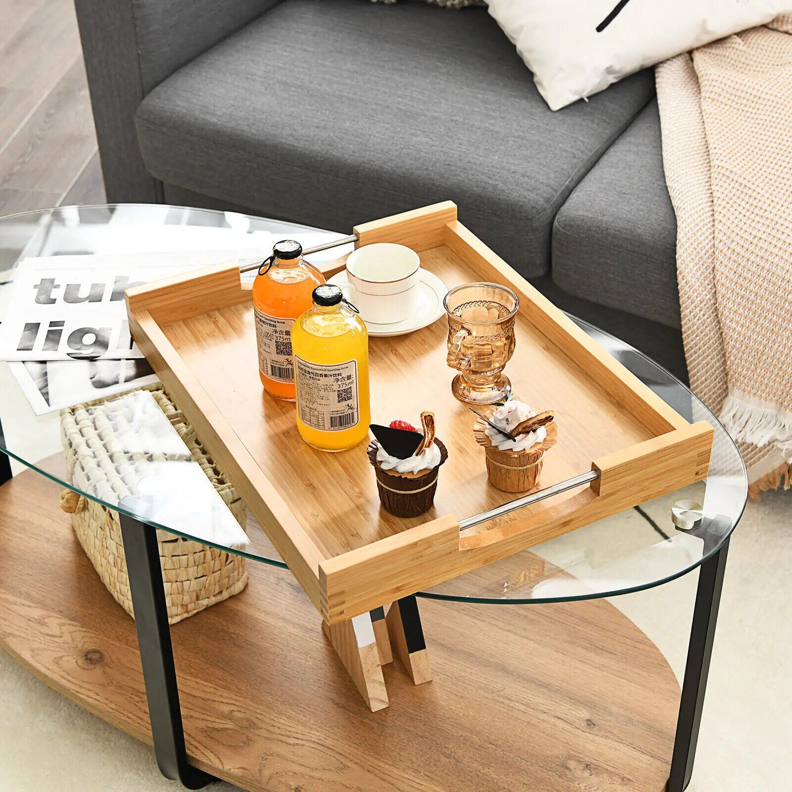 Bamboo TV Tray Portable Side Table with Detachable Serving Tray